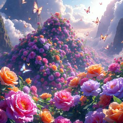 Primary subject: A beautiful, colorful garden filled with flowers and butterflies.

Setting/background: The garden is set against a backdrop of a mountain, creating a picturesque and serene atmosphere.

Visual style: The image is a digital artwork, featuring a vibrant and lush garden scene.

Colors and mood: The garden is predominantly pink, with other colors like yellow and orange adding to the vibrancy. The overall mood is one of beauty, tranquility, and natural wonder.